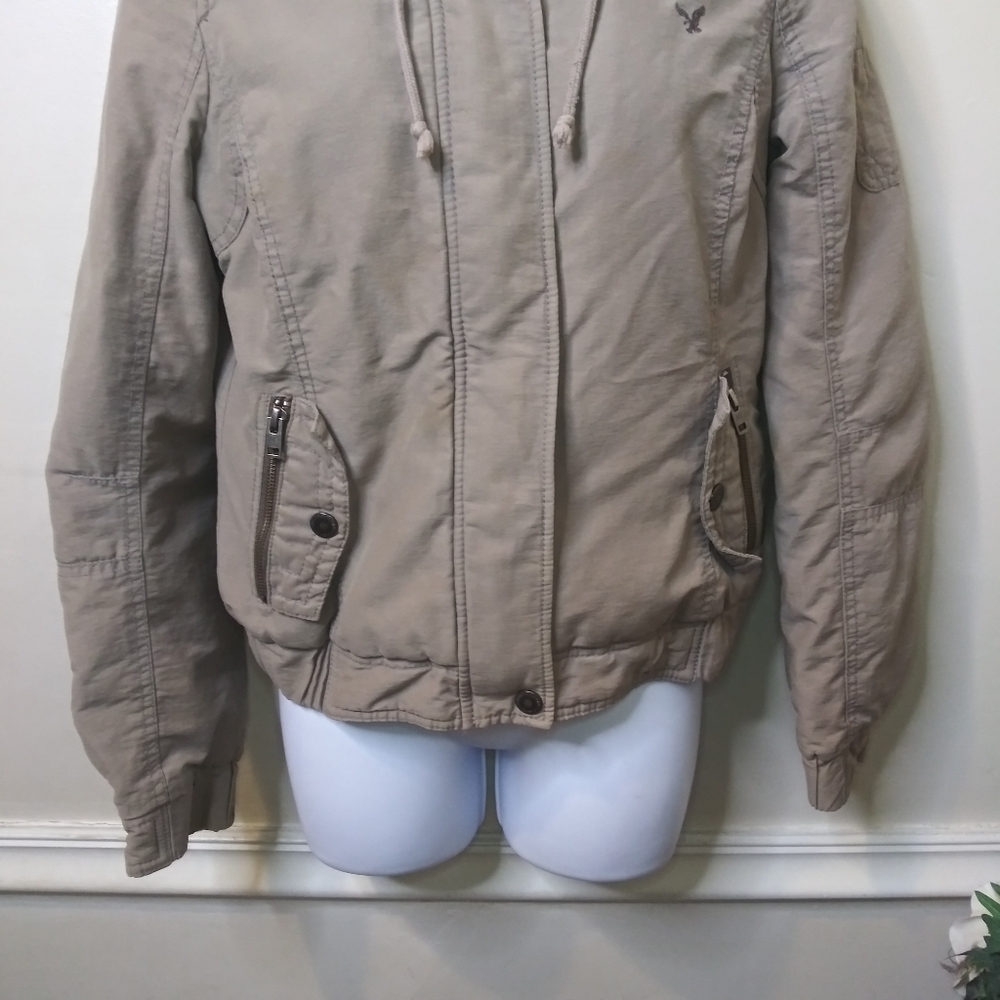 American Eagle 2012 Women's Hooded Khaki Water Resistant Bomber Style Jacket - Picture 3 of 16